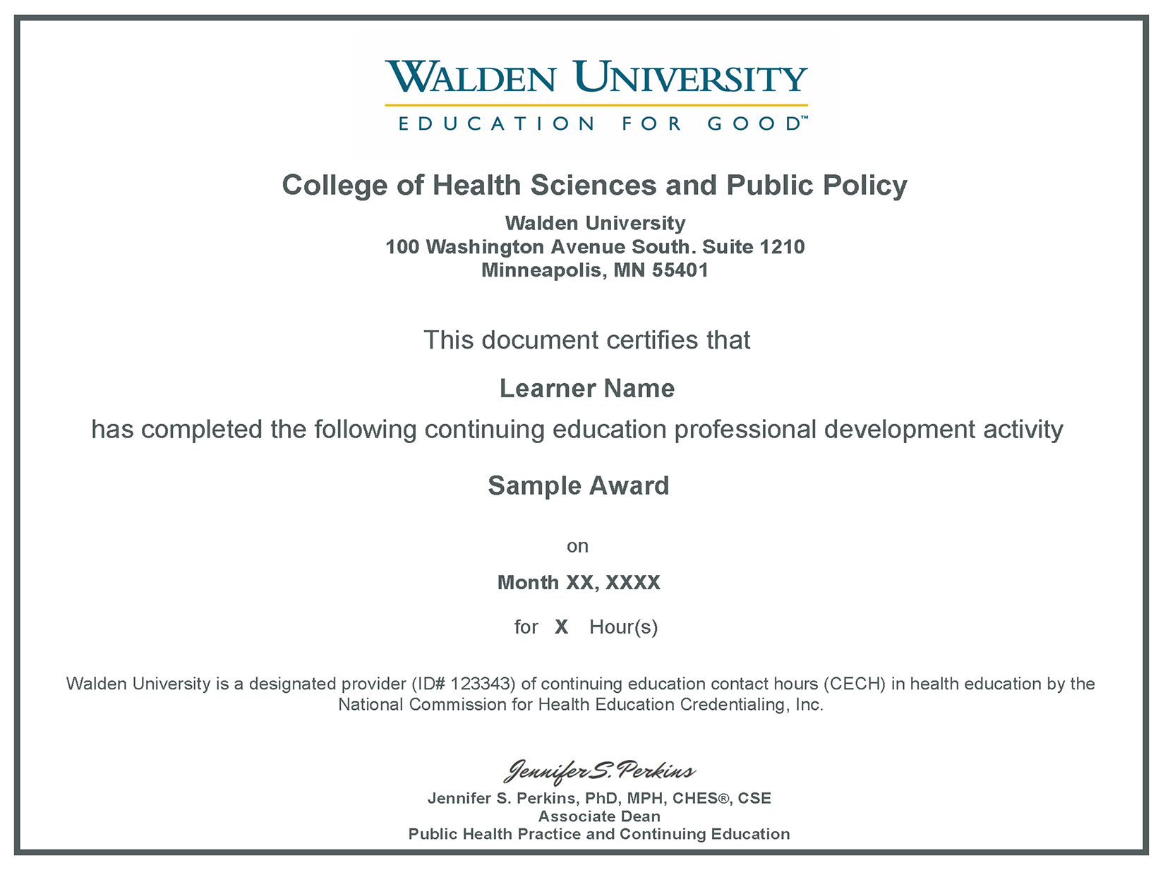 NCHEC Certificate for CE Hours
