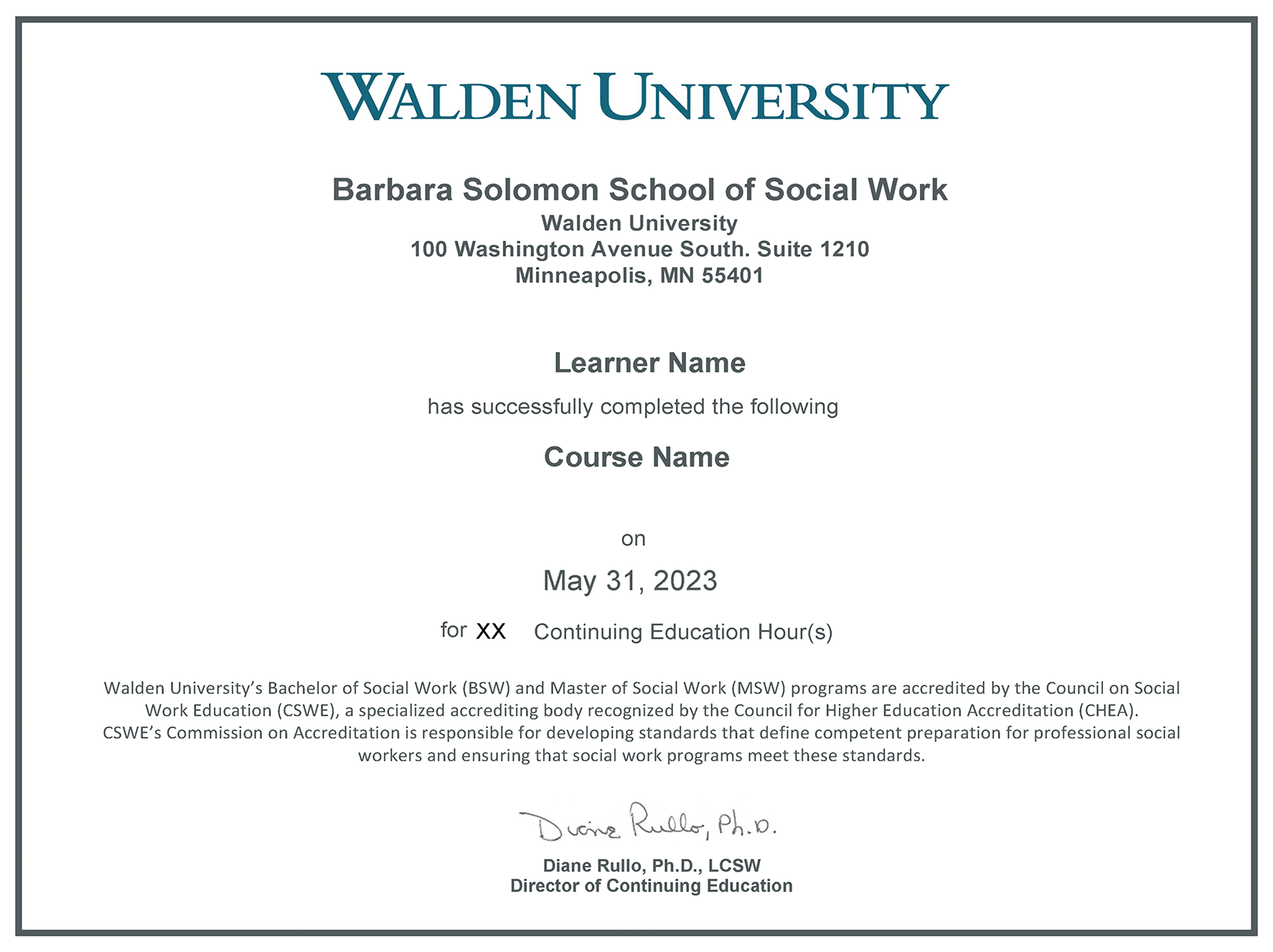 Certificate for Continuing Education Hours